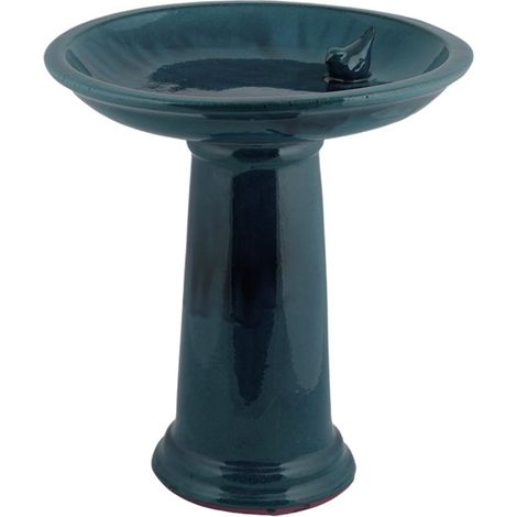 Ac-Deco – Bain oiseau en céramique sur pied pétrole – Design esthétique pour jardin – Matériau terre cuite durable – Double fonction : bain et mangeoire