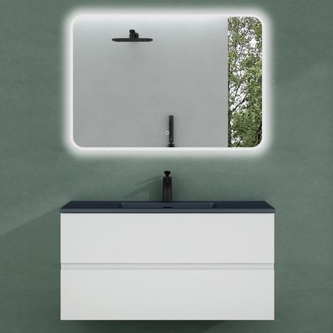 Mai & Mai Mobile Bagno Sospeso 100cm, Mobile da Bagno Bianco Opaco con 2 Cassetti Include Lavabo Antracite Opaco e Specchio LED Aqualis F079 (1/5)