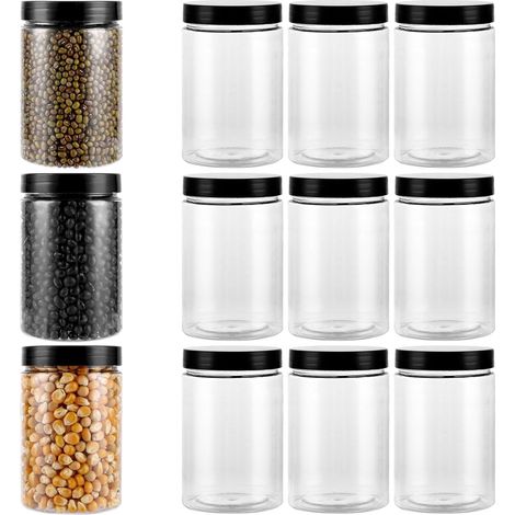 Lot de 12 Boîte de Conservation Plastique 290 ml - Récipient Transparent avec Couvercle Noir Hermétique - Pot de Rangement Réutilisable pour Cuisine, Épices, Thé, Noix et Bonbons (1/5)