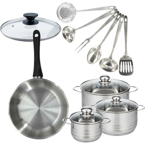 Set de 1 poêle 28 cm inox, couvercle verre, 3 faitouts inox 16, 20 et 24 cm et 6 ustensiles inox Fackelmann Geneva (1/5)