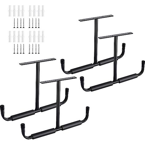 Sinoer Crochet de rangement de plafond de garage en acier, support de rangement robuste pour bois suspendu, vélos, outils, bois, système de rangement robuste, (4 paquets, noir) (1/4)