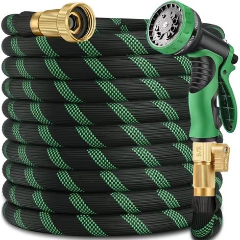 Tuyau d'arrosage 30 m (100 pi) – Tuyau flexible avec pistolet d'arrosage 10 fonctions – Raccords en laiton massif 3/4" – Léger et anti-torsion – Vert/Noir (1/5)