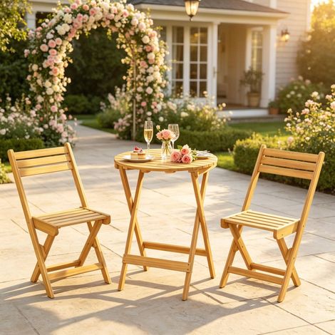 Set bistrot pieghevole in acacia per giardino, 1 tavolo rotondo e 2 sedie, legno naturale (1/5)