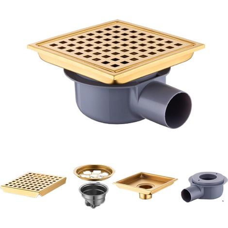 Caniveau De Douche en Acier Inoxydable 360° Siphon,Siphon De Sol,15x15 Cm,Capteur d'Odeurs Et Filtre à Cheveux 2 en 1,Siphon De Sol pour Douche,pour Salles De Bains,sous-Sols(Or) (1/5)