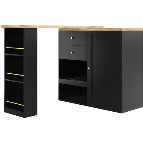 Meuble bar rotatif en MDF noir avec 2 tiroirs, armoire coulissante et rangements ouverts