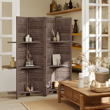 Cloison amovible Paravent intérieur en bois 4 panneaux 160 x 170 cm, séparateur de pièce pliable avec 3 étagères, noyer (1/5)