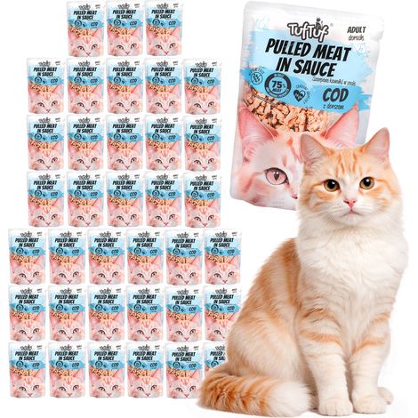 Pâtée pour chat TufTuf, sachet de 40 x 100 g, morue hachée en sauce (1/2)