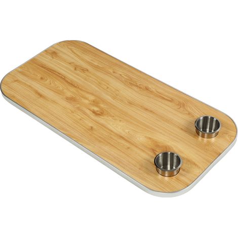Plateau de table rectangulaire jaune avec 2 porte-gobelets en bois massif, panneau amovible, idéal pour caravane, camping-car, bateau ou yacht. (1/5)