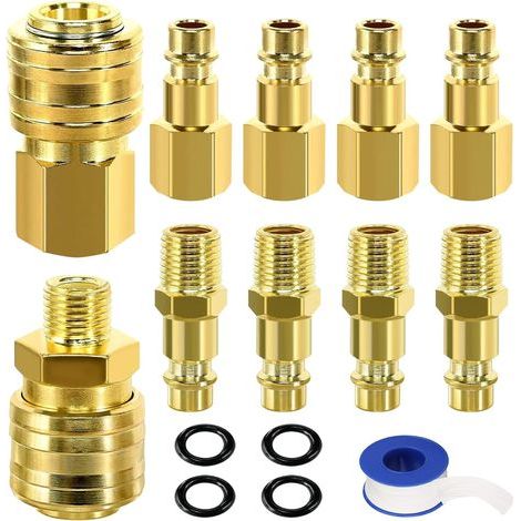Pack of 15 - Pneumatic fitting - Air connector - 1/4" BSP male and female thread - For compressor and tool - Gold - 6.35 mm (1/5)