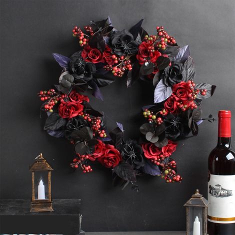 Guirlande Porte Halloween - Couronne Noire Avec Roses Artificielles - 35 cm - Pour Porte D'Entrée Intérieur Extérieur - 1 Pièce (1/5)