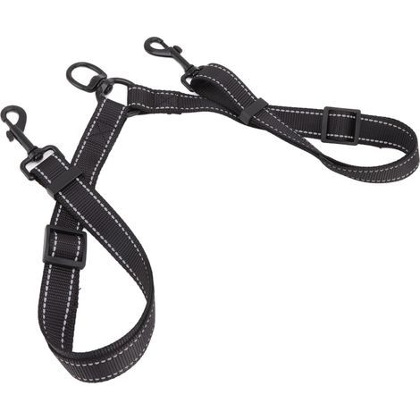 Double dog leash in black nylon - 360° rotation and reflective strips - For walks and activities (1/5)
