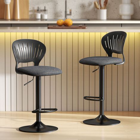 Lot 2 tabourets Noir bar pivotants 360° hauteur réglable dossier creux repose pieds 84-105 cm (1/4)