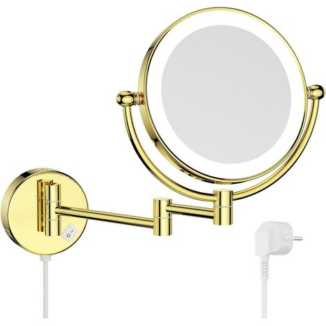 10-fach vergrößernder Wandspiegel, glänzend goldfarben, ausziehbarer, beleuchteter Kosmetikspiegel für Badezimmer, doppelseitig, 20 cm Durchmesser (1/4)