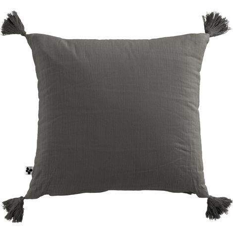 Coussin déhoussable avec pompons gaze de coton 40 x 40 cm granit Anthracite