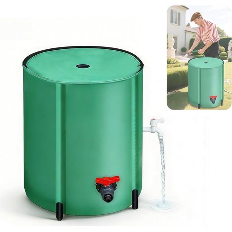 Seau à Pluie, 200L Récupérateur D'eau de Pluie Pliable Réservoir Eau Portable avec Couvercle Sortie D'eau Filtre à Mailles et 2 Robinets Reservoir Eau Vert pour Jardin avec Protection Anti-Débordement (1/5)
