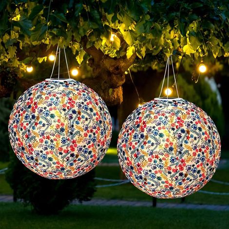 Lanterne solari di carta per esterni, 2 pezzi, lanterne solari in nylon da 30 cm, lanterne solari a LED impermeabili per esterni, ideali per giardino estivo, patio, balcone, matrimoni, compleanni.