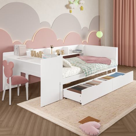 DESVIAE Lit simple en bois 90 x 200 cm avec bureau intégré étagères et 2 tiroirs sous le lit blanc (1/5)