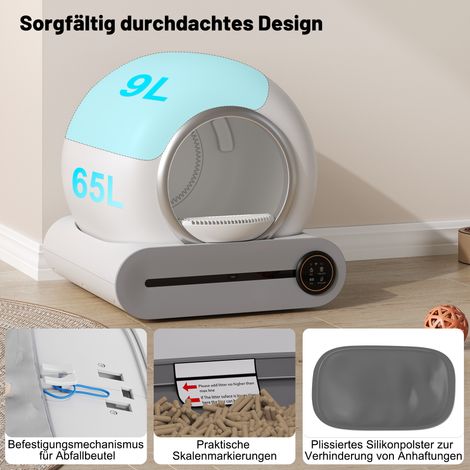 Bac à litière auto-nettoyant 65L adaptatif pour plusieurs chats, racleur automatique, compatible avec litière variée, capteur IR, neutralise les odeurs, pilotage via app, sécurité enfant.