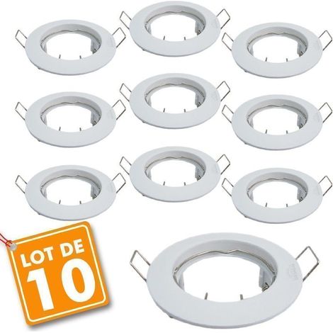 Lot de 10 supports encastrables fixes blancs D77 – Pour ampoules GU10 et MR16 – Diamètre extérieur 77mm – Fonte d'aluminium – IP20 (1/2)