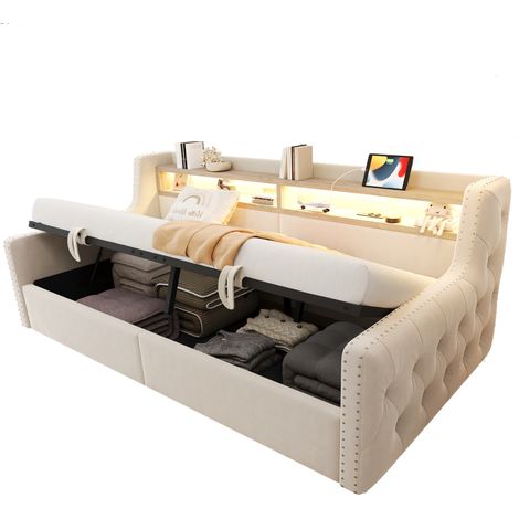 Schlafsofa Samt Beige 90x200 cm mit Stauraum, LED, Ablage, Steckdose und Lattenrost (1/5)