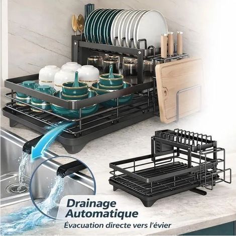 Égouttoir Vaisselle, 30 × 26 × 24 cm, Support de Rangement Cuisine Grande Capacité avec Drainage Automatique et Anti-Glisse (1/5)