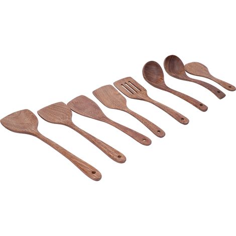 Ensemble de 8 ustensiles de cuisine en bois : spatule, pelle, cuillères, ustensiles pour mélanger, remuer et servir (1/5)