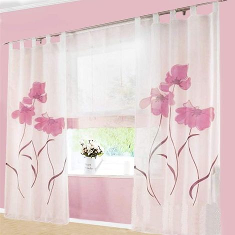 rideau écharpe imprimé fleurs pour salon chambre boucle largeur et hauteur 2 pièces 150 cm 225 cm Rose (1/3)