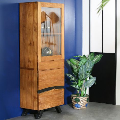 Colonne de rangement bois recyclé teck laque noire BARBADE (1/5)