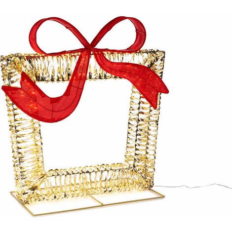 Addobbo natalizio a pacchetto regalo oro con fiocco rosso con anima in metallo con luci LED. Luminaria di Natale per vetrina, cm 75 x 34,5 x 79,5 H