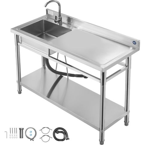 Mophorn Évier utilitaire en acier inoxydable pour cuisine,  équipé d'un robinet et d'un tuyau pour eau chaude et froide, idéal pour garage, restaurant ou buanderie, dimensions 120x50x94 cm (1/5)