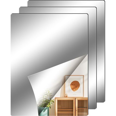 Lot de 4 miroirs autocollants pour carrelage - 40 x 30 cm - Film miroir flexible - Miroir acrylique pour murs, portes, salles de bains et armoires (1/5)