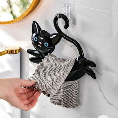 Barre Porte-Serviettes Murale en Forme de Chat, Porte-Serviettes Mignon Sans Perforation, Porte-Serviettes de Dessin Animé, Noir (1/5)