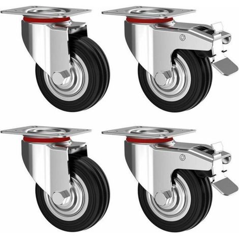 Roulettes Pivotantes Avec Frein - 75 mm - Charge 50 kg Par Roulette - Caoutchouc - Set De 4 (1/4)