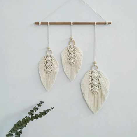 Tenture murale macramé bohème avec plume, beige, 45 x 90 cm – DELKEVIC (1/5)