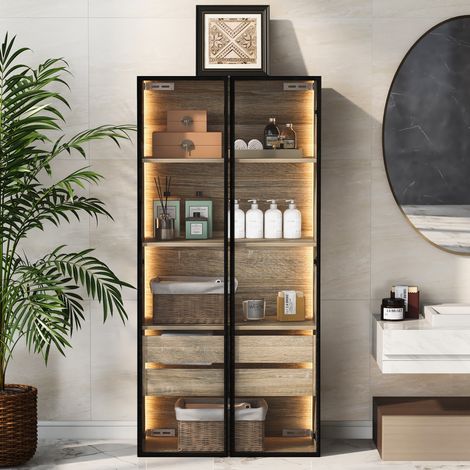 Mueble de almacenaje para baño 74x36x155 cm en MDF natural con LED, ahorro de espacio – MEUBLIV (1/5)