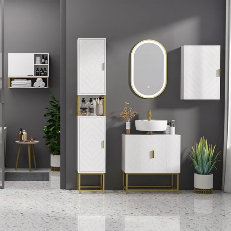 Meuble Sous Lavabo Moderne Armoire Basse avec 2 Portes et Pieds en Acier 60x30x65 cm Blanc et Doré (1/5)