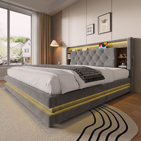 Letto imbottito con contenitore 160x200 cm, testiera multifunzione, LED, USB e Type C, velluto grigio scuro (1/4)