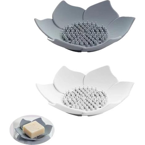 Jabonera de silicona con desagüe (2 unidades) - Forma de flor - Ideal para baño, aseo y cocina - Color gris y blanco (1/5)