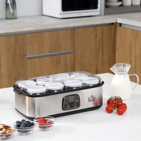 Yaourtière grecque avec couvercle, 8 récipients intérieurs en verre sans BPA (180 ml chacun), écran LCD et minuterie, pour une capacité maximale de 1,4 litre de yaourt, 25 W, argent (1/5)