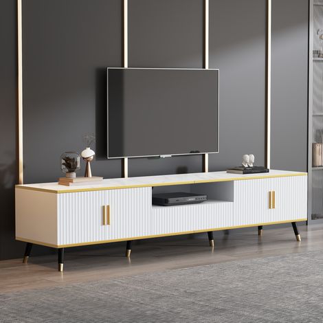 Mobile TV 200x40x46 cm bianco effetto marmo con 2 ante, 1 cassetto e 1 vano aperto, in truciolare (1/5)