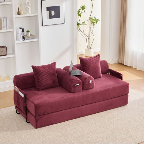 Modulares ausziehbares Cordsofa in Bordeaux mit Metallgestell und 3 Kissen OKWISH (1/5)