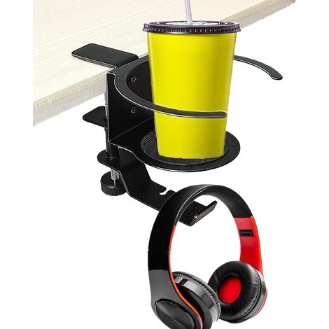 Support pour casque audio et porte-gobelet de bureau 2 en 1, support métallique pour bouteille et boisson à glisser sous le bureau, crochet pour casque de jeu PC - Idéal (1/5)