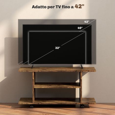 Support TV mobile avec étagères, roulettes pivotantes freinées, 80x40x40 cm, finition brun vieilli (1/5)