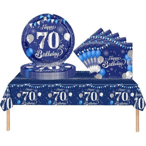 Partygeschirr 70. Geburtstag 37 Teile Marineblau Silber für Damen & Herren