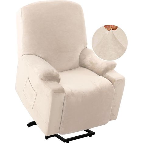 Stretch Velvet Recliner Chair Cover, Non-Slip Sofa Cover with Side Pocket, Washable Furniture Protector for 1-Seater Recliner Chair (Ivory) (1/5)