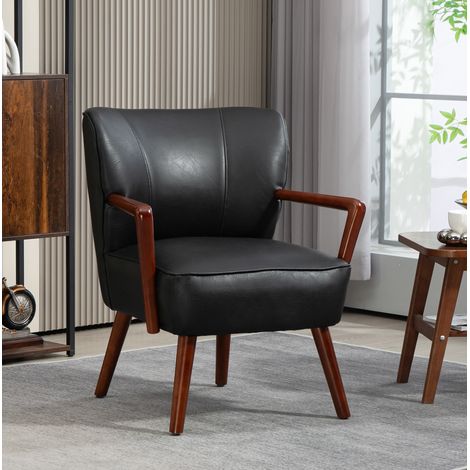 Fauteuil rembourré noir en similicuir et mousse avec accoudoirs en bois et pieds réglables (1/5)