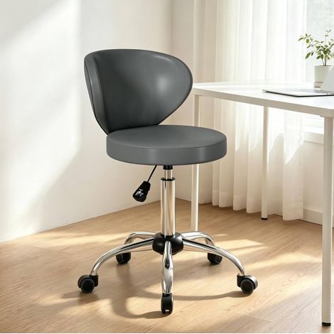 Taburete con ruedas gris de PU, altura ajustable 51-66 cm con respaldo (1/5)