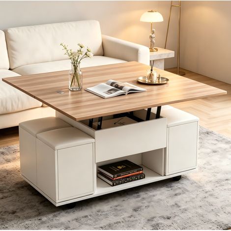Table basse relevable 2-en-1 avec rangement et 4 tabourets, 100x100x63,5 cm, blanc et naturel (1/5)