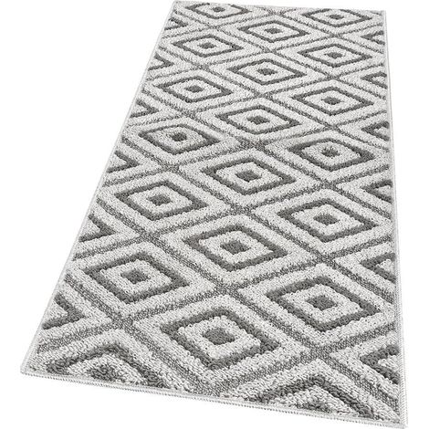 Tapis de Cuisine Doux Bordé Moderne Coureur Antidérapant Losanges 3D Gris - 50X240 Cm