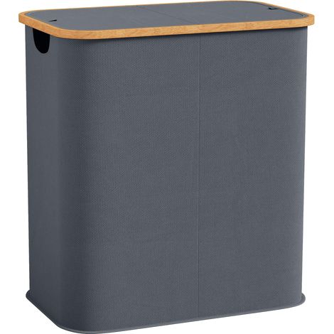 Panier à linge double pliable 80 L corbeille à linge sale avec couvercle, poignées rainurées, gris (1/2)